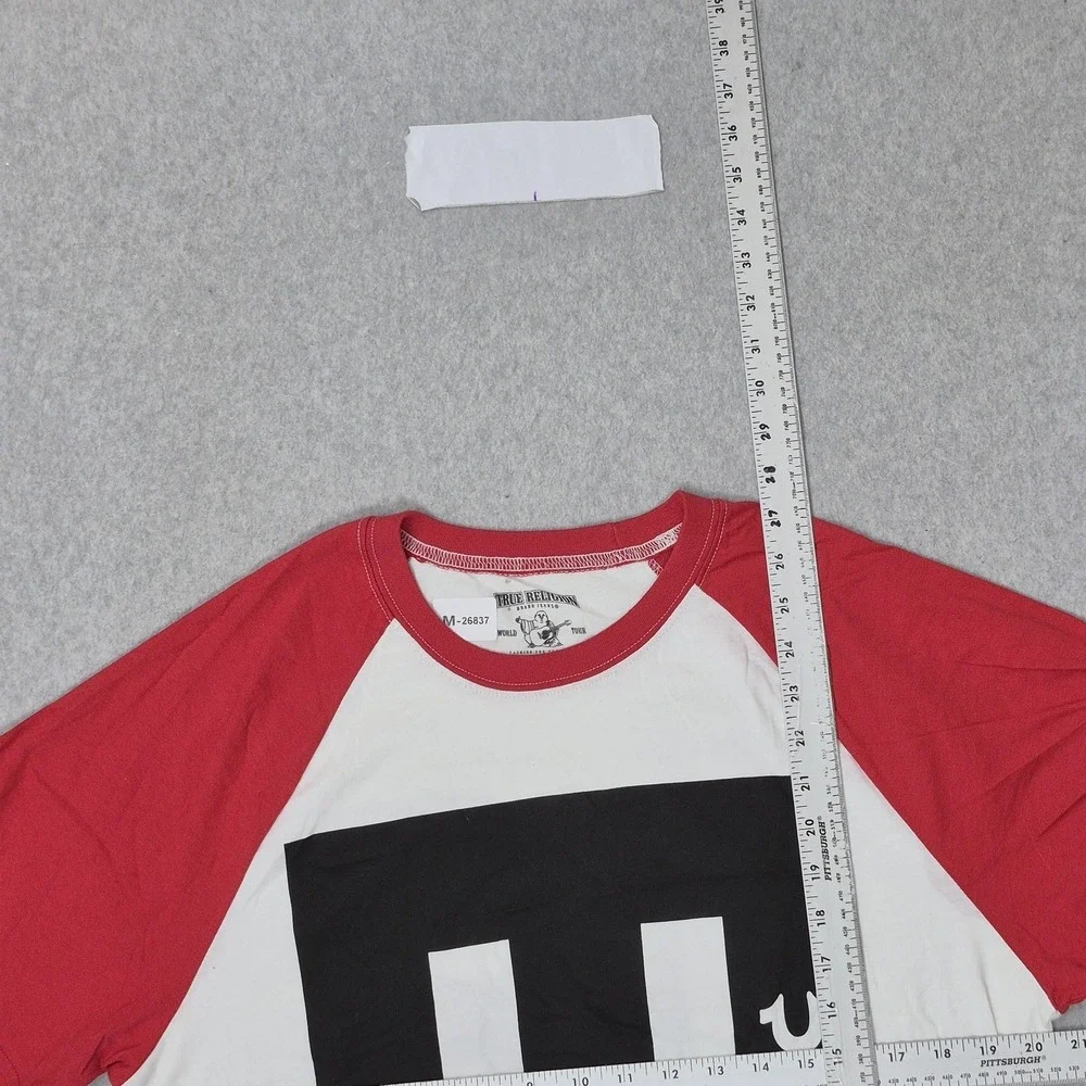 True‎ Religion Men Shirt L White Graphic Logo Number Raglan Baseball Tee